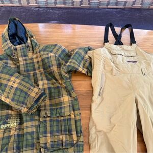 Burton Ski/ Snowboarding Green and Yellow Plaid Jacket with Tan Overalls